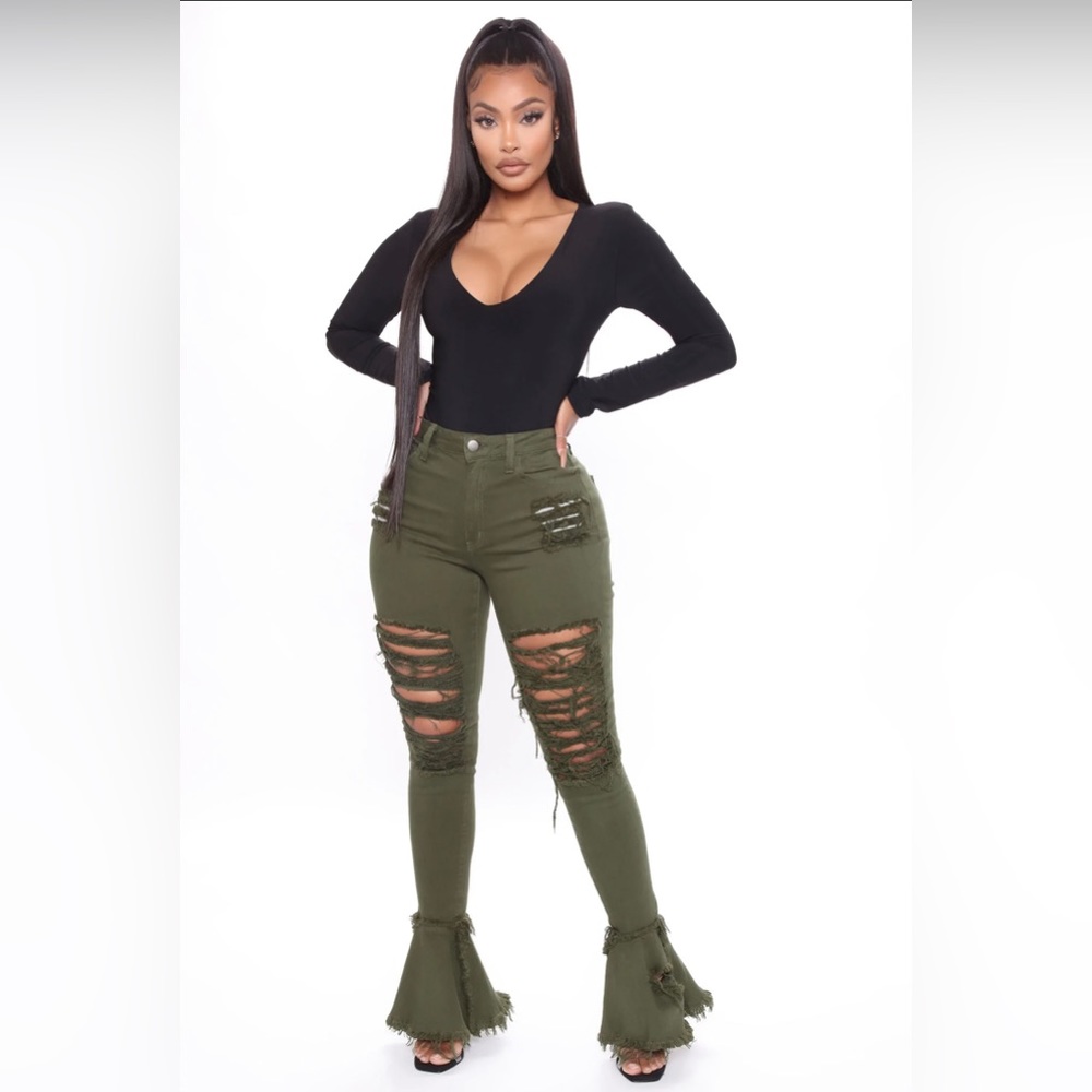 Fashion Nova Olive Green Ripped Skinny Jeans with Fared Bottoms